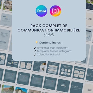 Peut inclure: Un graphique bleu et blanc avec le texte "PACK COMPLET DE COMMUNICATION IMMOBILIÈRE (1 AN)" et "Contenu inclus : Templates Post Instagram, Templates Stories Instagram, Calendrier éditorial". Le graphique comprend également un logo Canva et un logo Instagram.