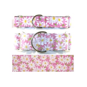 Daisies Pink greyhound martingale dog collar - 1", 1.5", 2", Buckle Martingale, Side Release collar, Tag collar, 5 ft or 6 ft leash