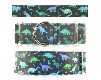 Dinosaurs on Black greyhound martingale dog collar - 1", 1.5", 2", Buckle Martingale, Side Release collar, Tag collar, 5 ft or 6 ft leash