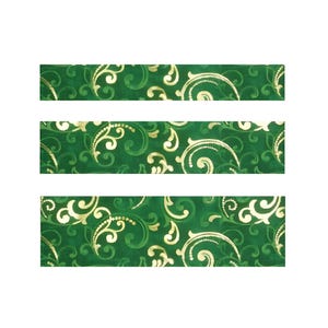 May include: Three green fabric strips with a gold swirling pattern. The fabric has a dark green background with gold scrollwork and decorative elements. The strips are rectangular and evenly spaced.