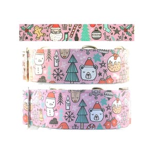 Winter Doodle Pink Dog Collar - Martingale Dog Collar - Buckle Martingale Collar - Side Release Dog Collar - Tag Collar - Dog Leash