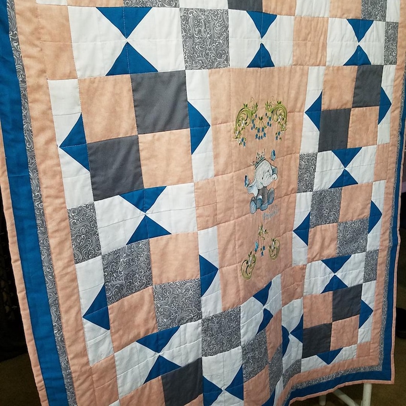 peach and white with machine embroidered center panel grays Little Princess 44 x 56 quilt in teal