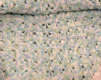 Handmade Crochet Baby Blanket – Blue, Green & White with Scalloped Edge