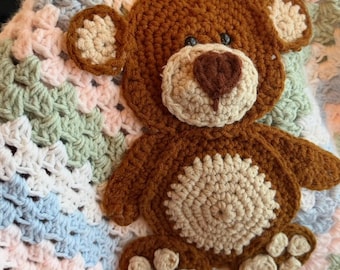 Handmade Crochet Bear Baby Blanket – Soft Pastel Nursery Blanket - Blue, White and Green Blanket