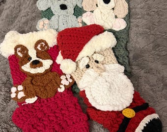 Handmade Knitted Christmas Stockings | Puppy & Santa Appliqué Stockings | Cozy Holiday Stockings | Dog Lover Christmas Decor