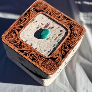 Hand tooled leather and cowhide jewelry Box