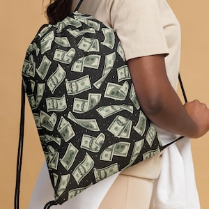 Money Benjamins Printed Drawstring Bag, USA Currency Print Traveling Accessories Bag, Gym Yoga Bag, Makeup Bag, Urban Outfit