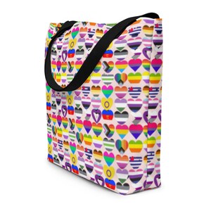 Gay Pride Flag Hearts Printed Large Tote Bag, Gay Lesbian Rainbow Pride Market Grocery Bag, Trendy Reusable Shopping Bag, Pride Festival Bag