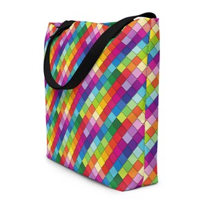 Rainbow Checker Large Tote Bag, Gay Lesbian Rainbow Pride Market Grocery Bag, Trendy Reusable Shopping Bag, LGBTQ Gifts, Pride Festival Bag