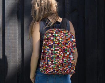 World Flags Printed Backpack, Stylish Western Traveler Bag, Map of World, Streetwear Fashion Backpack, College Laptop Bag, Traveler Gift