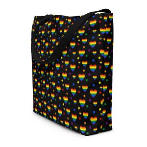 Rainbow Hearts Large Tote Bag, Gay Lesbian Rainbow Pride Market Grocery Bag, Trendy Reusable Shopping Bag, LGBTQ Gifts, Pride Festival Bag
