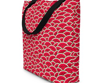 Watermelon Fruit Print Large Tote Bag, Watermelon AOP Foodie Grocery Market Bag, Reusable Shopping Tote Bag Aesthetic, Watermelon Gift
