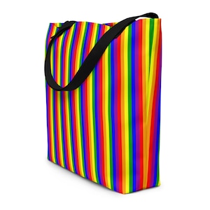 Rainbow Striped Large Tote Bag, Gay Lesbian Rainbow Pride Market Grocery Bag, Trendy Reusable Shopping Bag, LGBTQ Gifts, Pride Festival Bag
