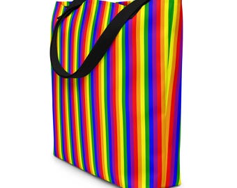 Rainbow Striped Large Tote Bag, Gay Lesbian Rainbow Pride Market Grocery Bag, Trendy Reusable Shopping Bag, LGBTQ Gifts, Pride Festival Bag