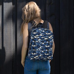 Shark Camo Printed Backpack, Camouflage Streetwear Fashion Bag, Trendy School College Backpack, Popular Laptop Backpack, Shark Gifts