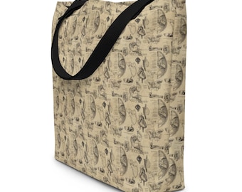 Vintage Anatomy Science Printed Large Tote Bag, All Over Print Reusable Market Grocery Tote Bag, Biology Gifts, Science Teacher Gift For Her
