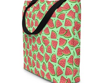 Watermelon Fruit Print Large Tote Bag, Watermelon AOP Foodie Grocery Market Bag, Reusable Shopping Tote Bag Aesthetic, Watermelon Gift