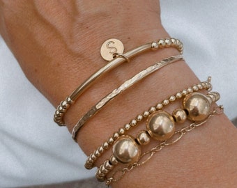 Gold beaded bar bracelet with Initial charm / initial charm bracelet / mothers bracelet / 14k gold fill