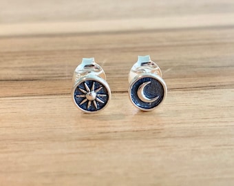 Sun and Moon earrings, moon and stars post earrings, sterling silver, moonlight, celestial