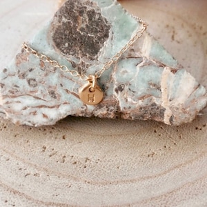May include: A gold chain necklace with a small gold charm featuring the letter "H". The necklace is displayed on a light brown and green rock.