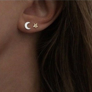 Moon and Star gold post earrings / Tiny moon and star earrings