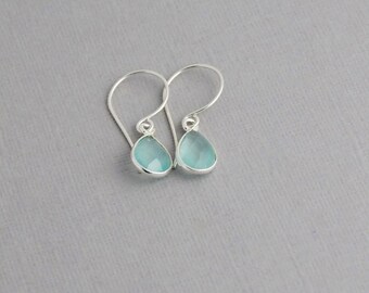 Gemstone dagger earrings triangle bezel set gemstone earrings Aqua Chalcedony Earrings silver flower earrings Art Deco flower earrings