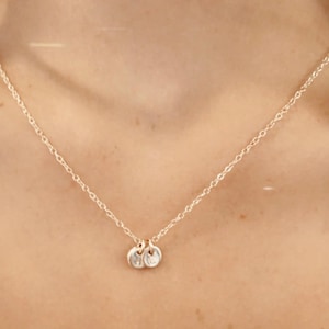 May include: A silver chain necklace with two small silver discs as pendants.