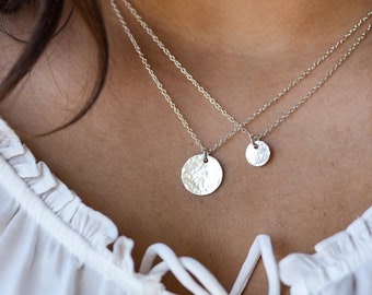Hammered Disc necklace in Silver or Gold, domed disc necklace