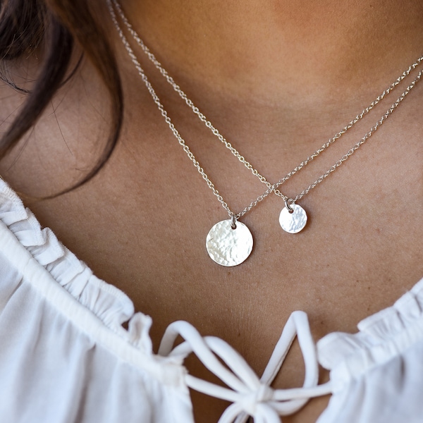 Hammered Disc necklace in Silver or Gold, domed disc necklace