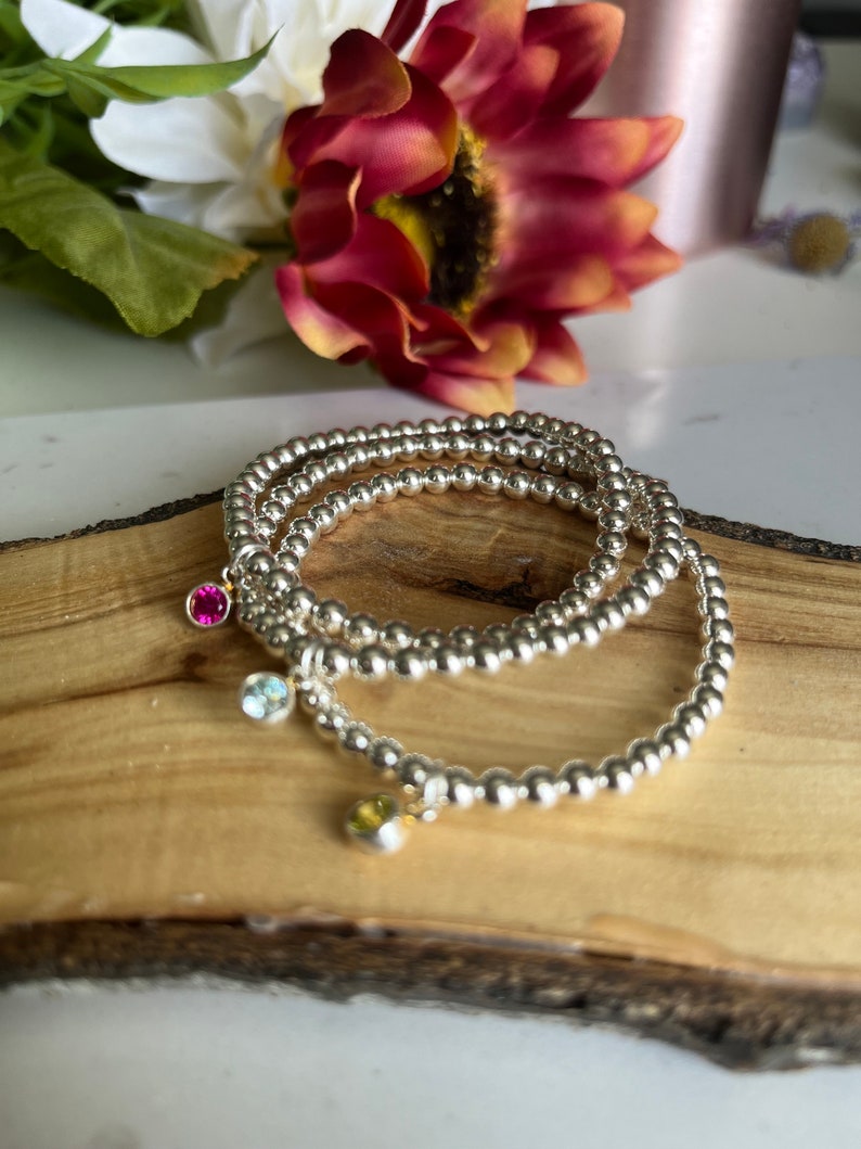 Sterling Silver Birthstone Bracelets, Sterling Silver Stretch Bracelet, Birthstone Bracelet, Swarovski crystal Stacked Bracelets 画像 1