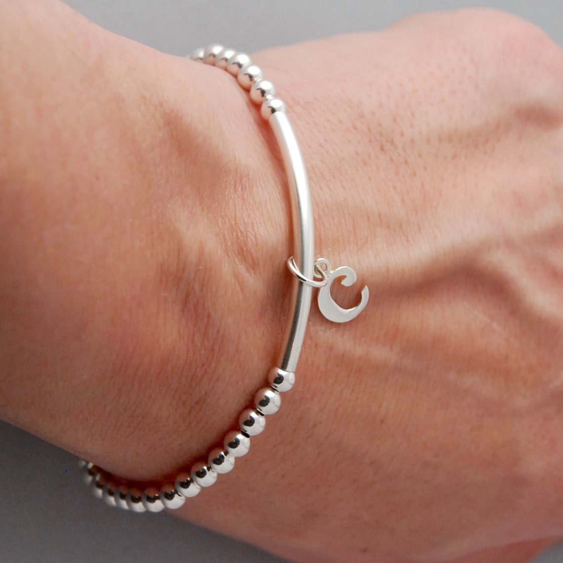 Sterling Silver Beaded Bar Bracelet With Initial Charms / Etsy Canada