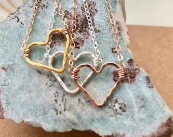 Hammered Open Heart Necklace, Sterling silver, Gold, Rose gold