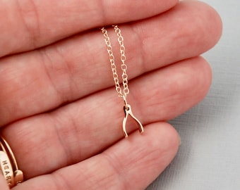 Tiny gold wishbone necklace / Gold wish necklace / gold fill