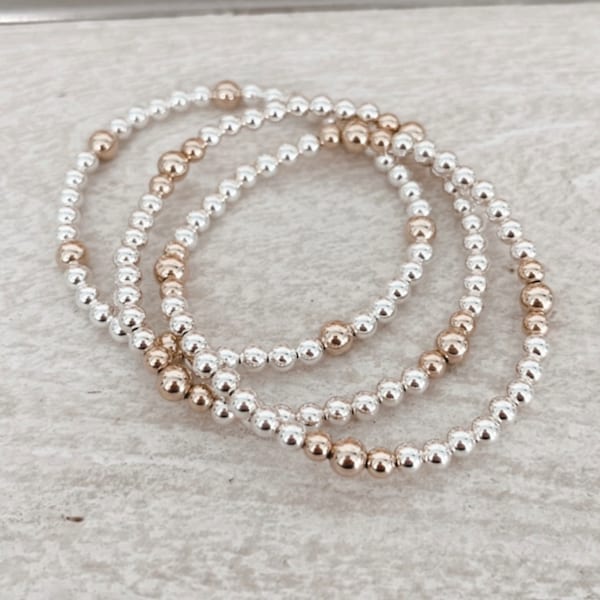 Mixed metals layering bracelet, stretch sterling silver bracelet, 14k, gold filled, stacking bracelet / beaded bracelet / Mixed metals