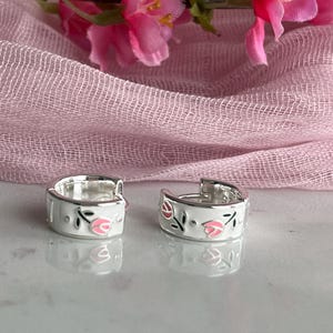 Tulip Flower Huggie Hoop Earrings • Vintage Inspired • Enamel Flowers Silver