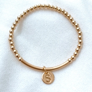 Gold beaded bar bracelet with Initial charm initial charm bracelet mothers bracelet 14k gold fill
