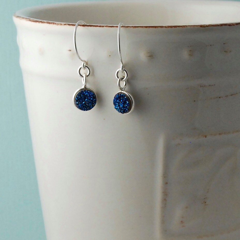 Blue Druzy Drop Earrings / Round Blue Druzy Earrings / Dangle | Etsy