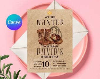 Western Cowboy Birthday Invitation, Cowboy Hat and Lasso, Rustic Country Boots and Hat, Cowboy Party Invite