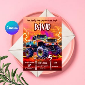 Op de afbeelding: Een kleurrijke verjaardagsuitnodiging met een monstertruck en de tekst "Get Ready for the Monster Bash David is turning 5". De uitnodiging bevat details over het feest, inclusief de datum, tijd en locatie.