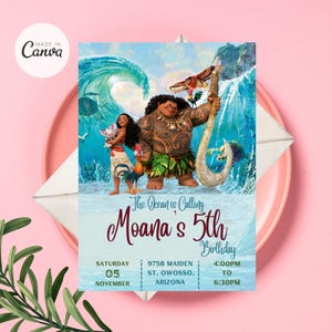 Zaproszenie na urodziny Moana, Zaproszenie na urodziny Baby Moana, Zaproszenie na imprezę tematyczną dla dzieci, Karta urodzinowa Moana do pobrania natychmiast