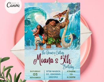 May include: A birthday invitation featuring Moana and Maui from the Disney movie Moana. The invitation is blue and green with a wave design. The text on the invitation reads "The Ocean is Calling Moana's 5th Birthday" and includes the date and time of the party.