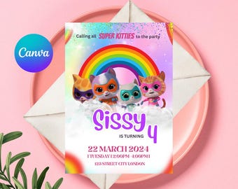 Super Kitties Invitation, Super Kitties Birthday Invitation, Super Kitties Party Theme Printable, Super Kitties Editable