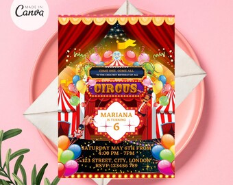 Invitación de carnaval de circo, invitación de cumpleaños de carnaval, etiqueta de agradecimiento de circo de carnaval, invitación de carnaval, descarga instantánea
