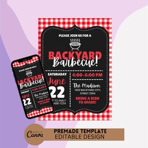 May include: A digital invitation for a garden barbecue, featuring a black and red design with the words "Backyard Barbecue!" and event details. A smartphone displays the same invitation. The design includes a red and white checkered pattern.