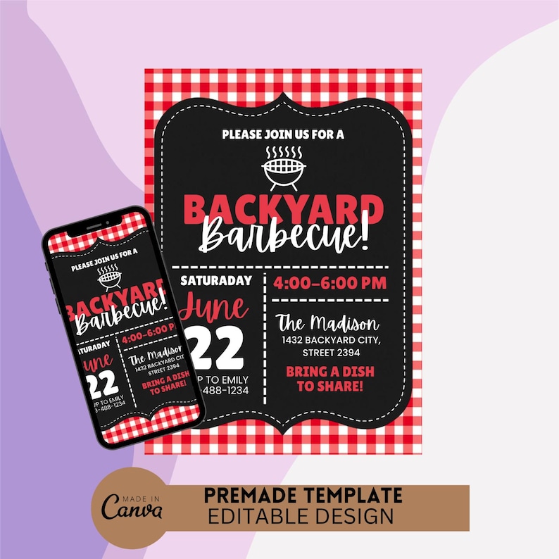 May include: A digital invitation for a garden barbecue, featuring a black and red design with the words "Backyard Barbecue!" and event details. A smartphone displays the same invitation. The design includes a red and white checkered pattern.