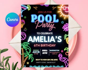 May include: A pool party invitation with neon-style graphics. The invitation features the text "Pool Party" and "Amelia's 6th Birthday." Additional details include the date, time, location, and RSVP information. The design includes a sun, palm trees, and a flamingo.