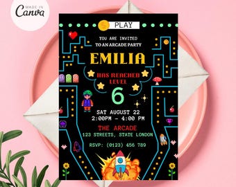 Faire-part arcade, Faire-part d'anniversaire arcade, Faire-part de jeu vidéo, Faire-part de jeu, Faire-part d'anniversaire arcade rétro