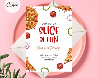 Puede incluir: Una tarjeta de invitación blanca con temática de pizza. La tarjeta dice "Join us for Slice of Fun" y "Sussy is turning". La fecha es 03 | marzo | 2024. La ubicación es Garden City, Londres. El número de teléfono es 0123456789.