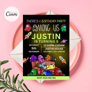 Faire-part d'anniversaire parmi nous, modifiable par le jeu d'invitation parmi nous, thème de carte d'anniversaire parmi nous modifiable