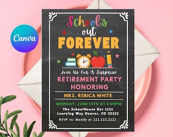 Teacher Retirement Invitation: Editable Retiring Teacher Canva Invite (Digital Download 5x7 in E-Invite)